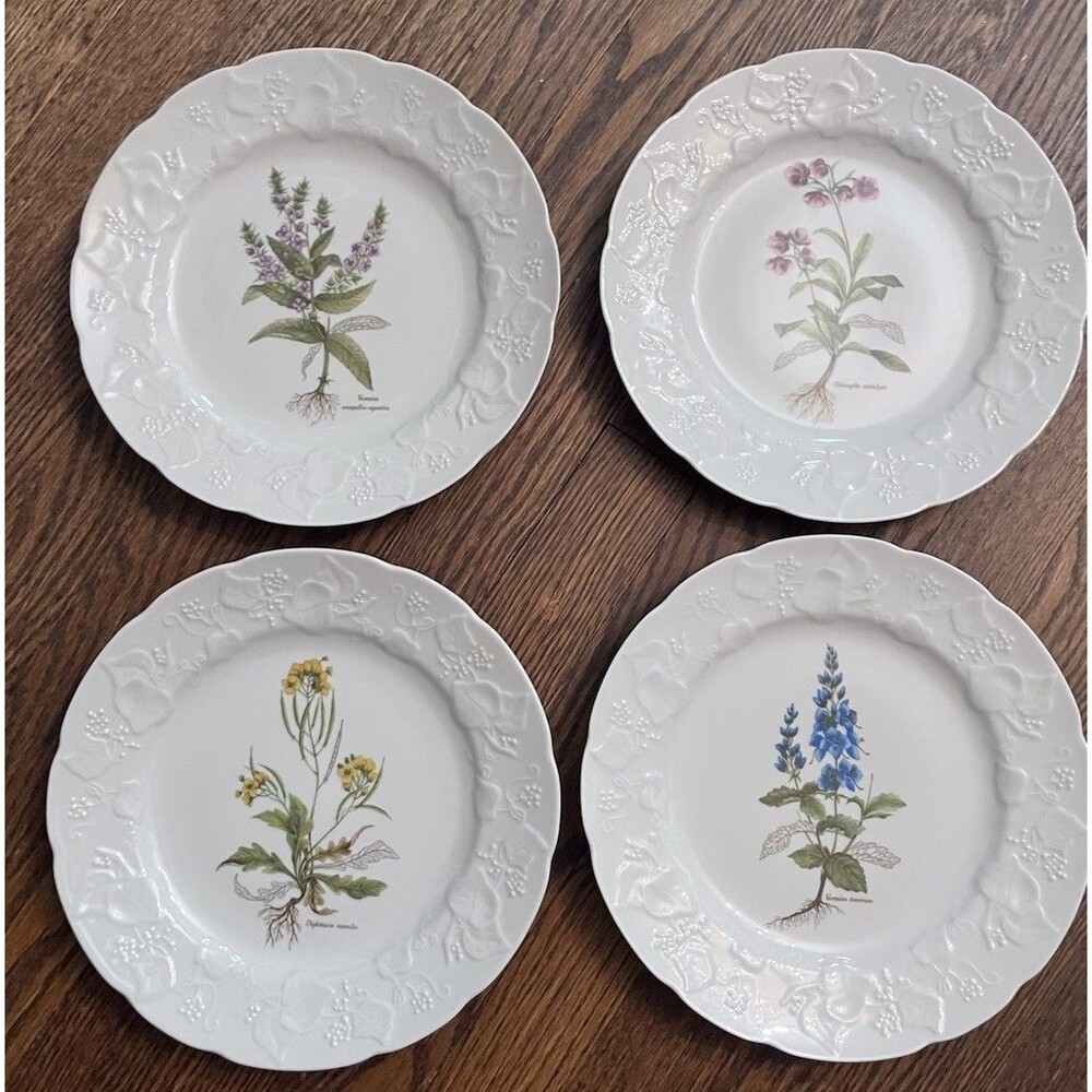 Dansk Dinner Plates Set of 4 Different Floral Made in France White Porcelain